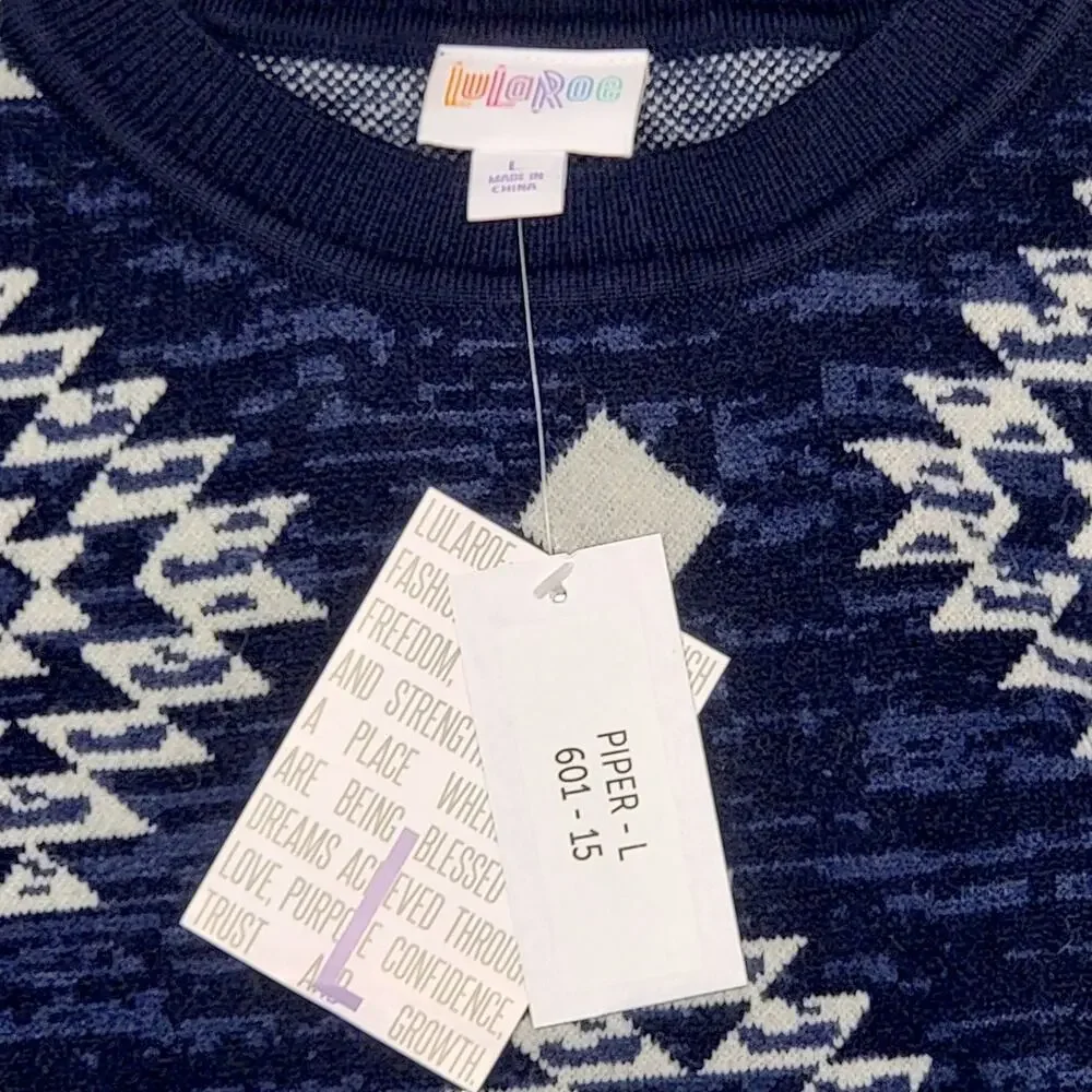LuLaRoe Southwestern Piper Large NEW Navy Blue Cream Balloon Sleeve Sweater